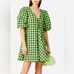 Ganni Plaid Mini gingham Seersucker Green Black Dress